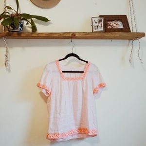 J crew embroidered pink linen blouse